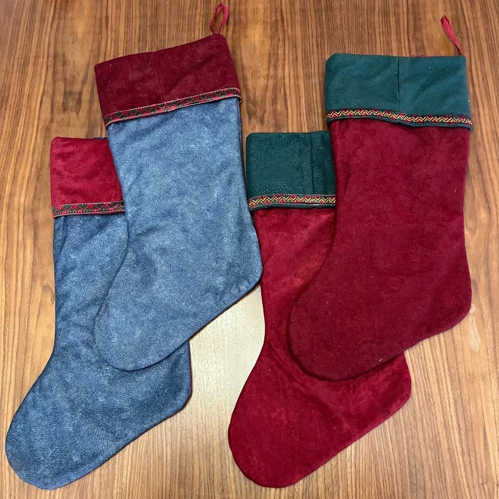 Set‎ of 4 Southwestern Christmas Stockings Red Chili Pepper Denim Burgundy Green